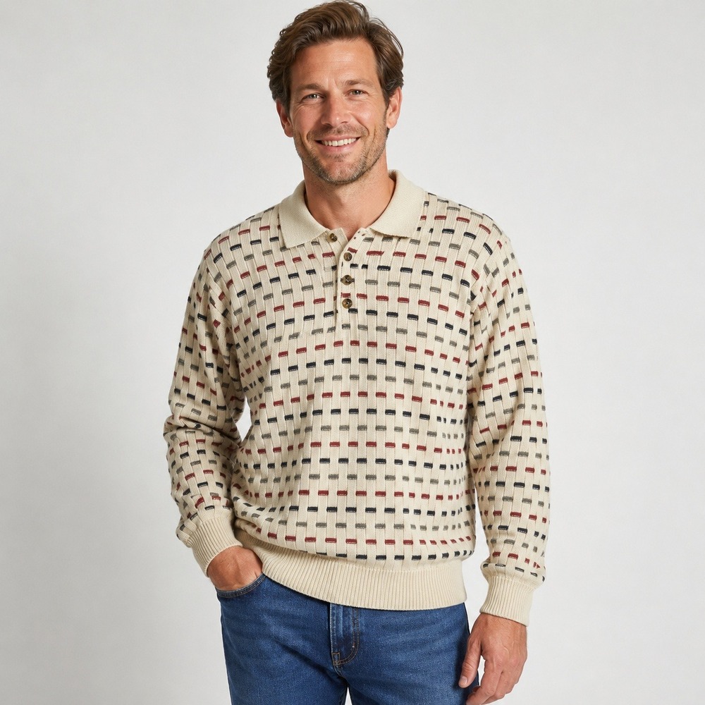 Irvine Park Vintage Knit Polo Sweater Mens Small Cream Geometric 3Button Acrylic
